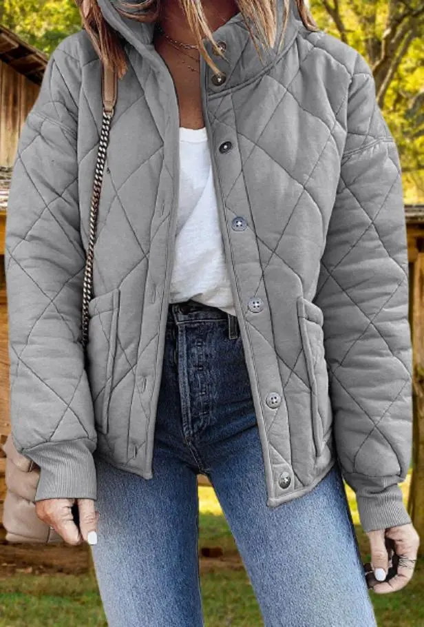 Women's Quilted Jacket Casual Stand Collar Button Coat