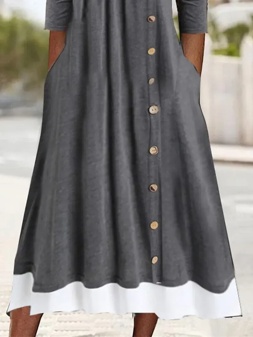 Women's Long Sleeve U-neck Button Midi Dress