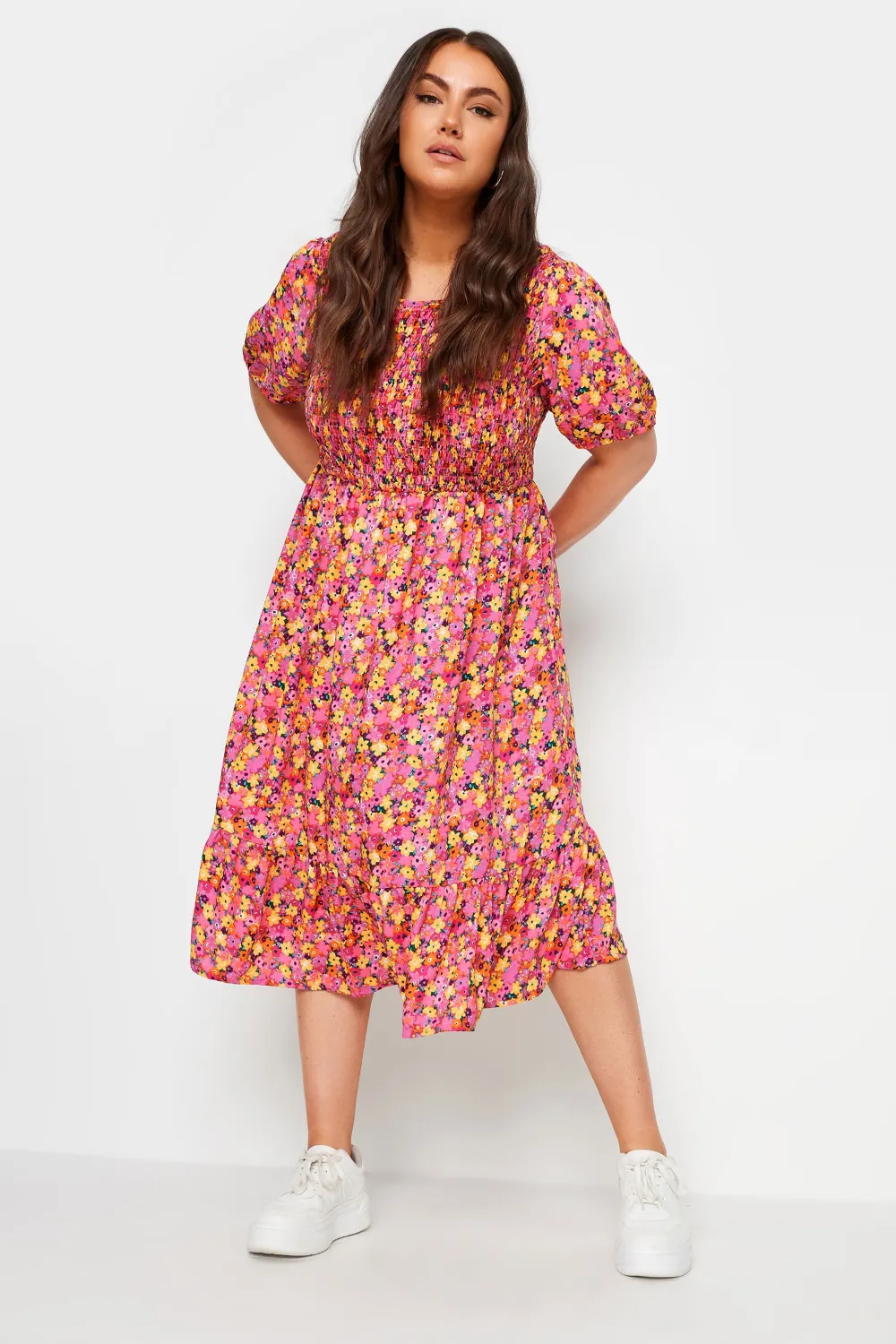 YOURS Curve Pink Floral Print Shirred Midaxi Dress