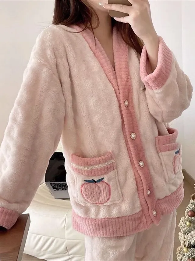Women's Fleece Fluffy Fuzzy Warm Pajamas Sets Fruit Fashion Casual Comfort Home Daily Bed Flannel Warm V Wire Long Sleeve Cardigan Pant Button Pocket Fall Winter Pink Red