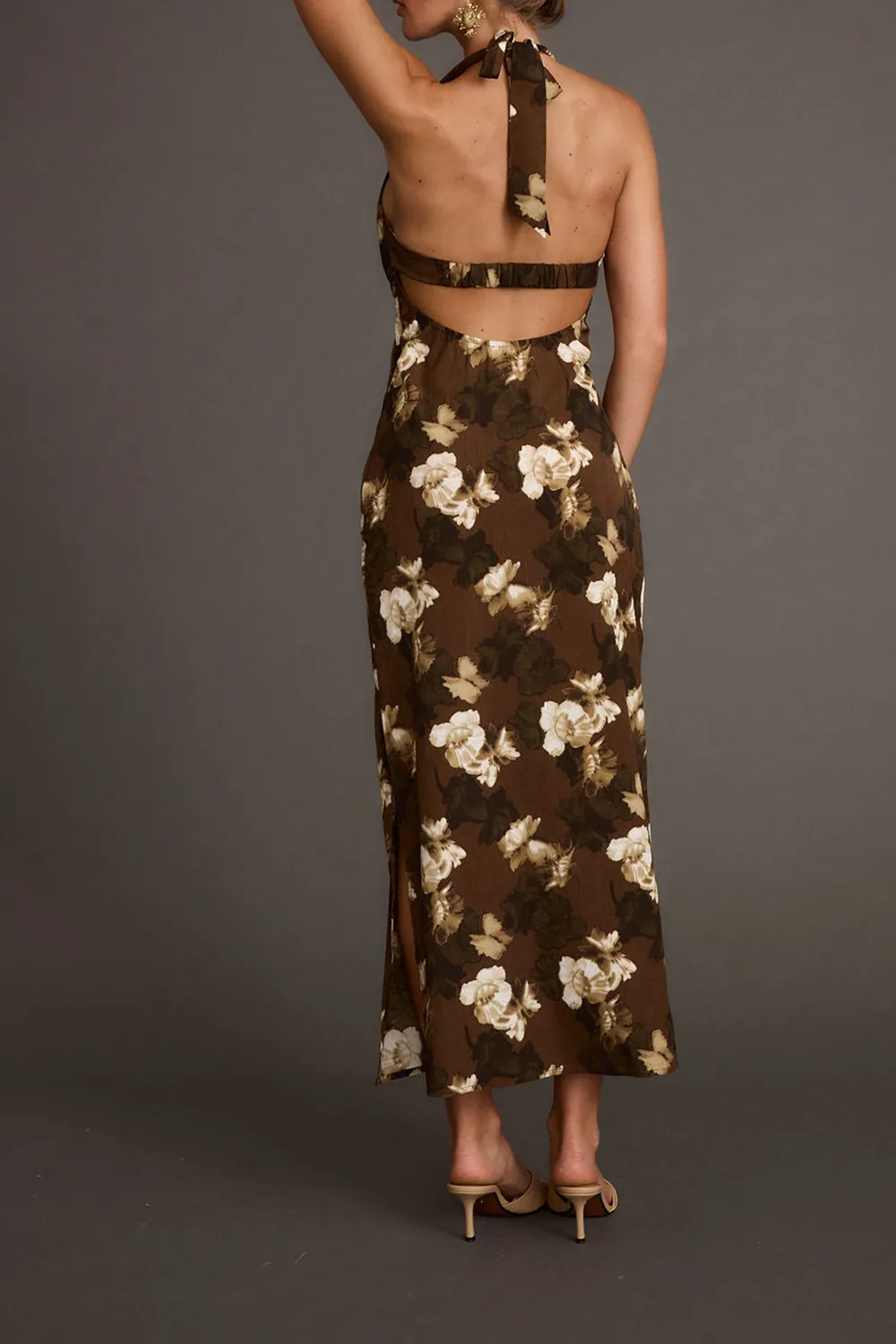 Brown Floral Halter Maxi Dress