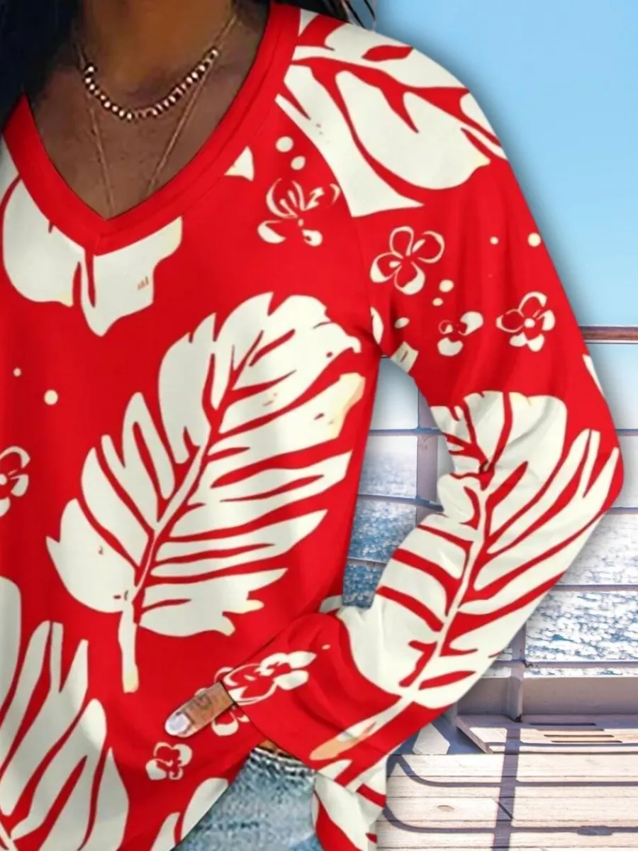 Tropical Leaf V-Neck Tee