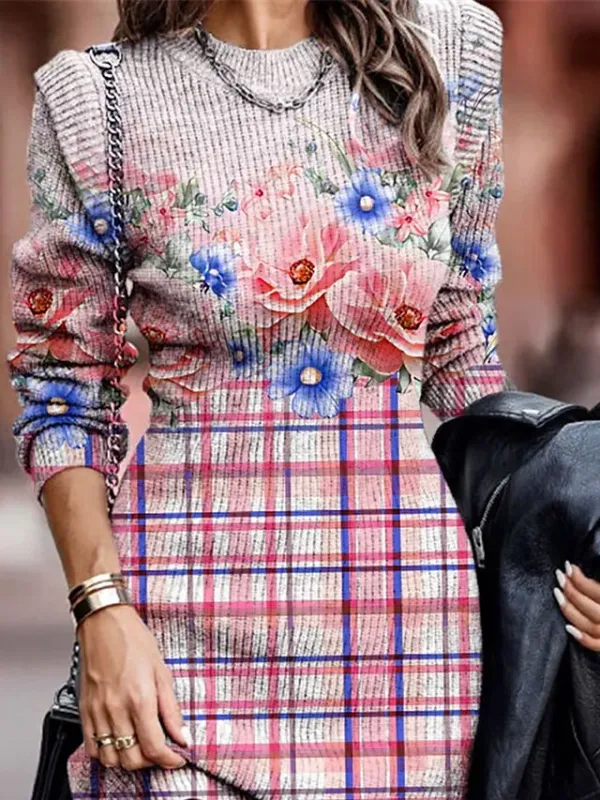 Women's Sweater Dress Jumper Dress Winter Dress Mini Dress Knitwear Fashion Streetwear Ombre Floral Plaid Outdoor Daily Date Going out Crew Neck Long Sleeve Print 2023 Regular Fit Pink Purple S M L