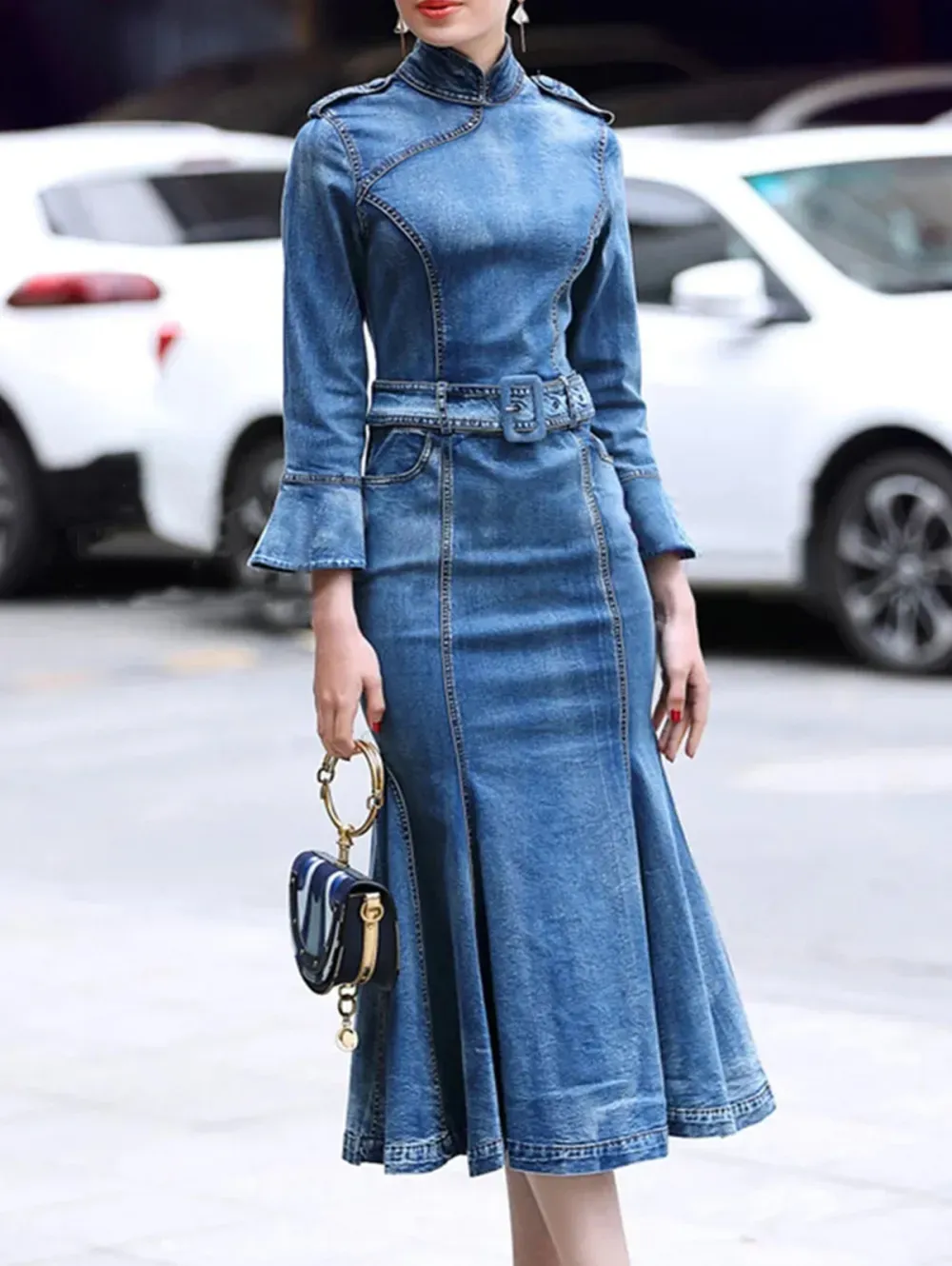 Casual Stand Collar Ruffle 3/4 Sleeve Denim Midi Dress