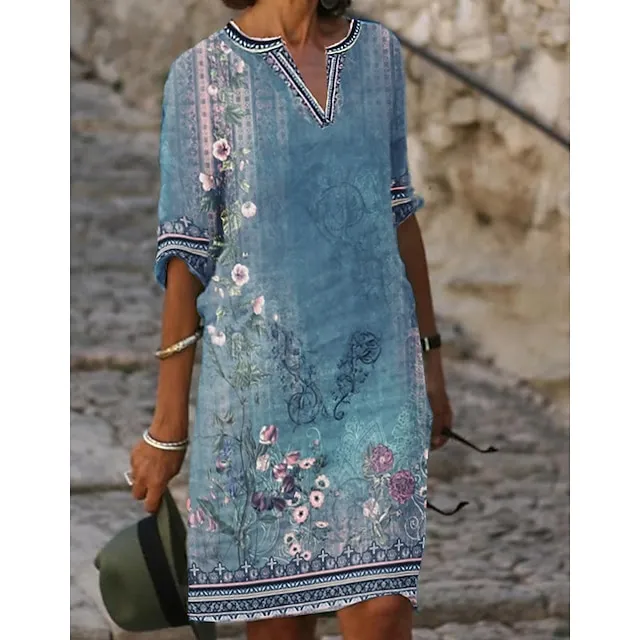 Women‘s Casual Dress Ethnic Dress Shift Dress Midi Dress Leopard Black White Half Sleeve Floral Print Summer Spring V Neck Basic Daily Vacation Weekend 2023 S M L XL XXL 3XL