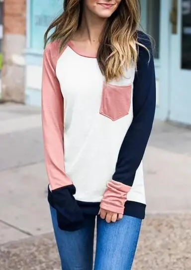 Color Block Pocket Long Sleeve Baseball T-Shirt Tee