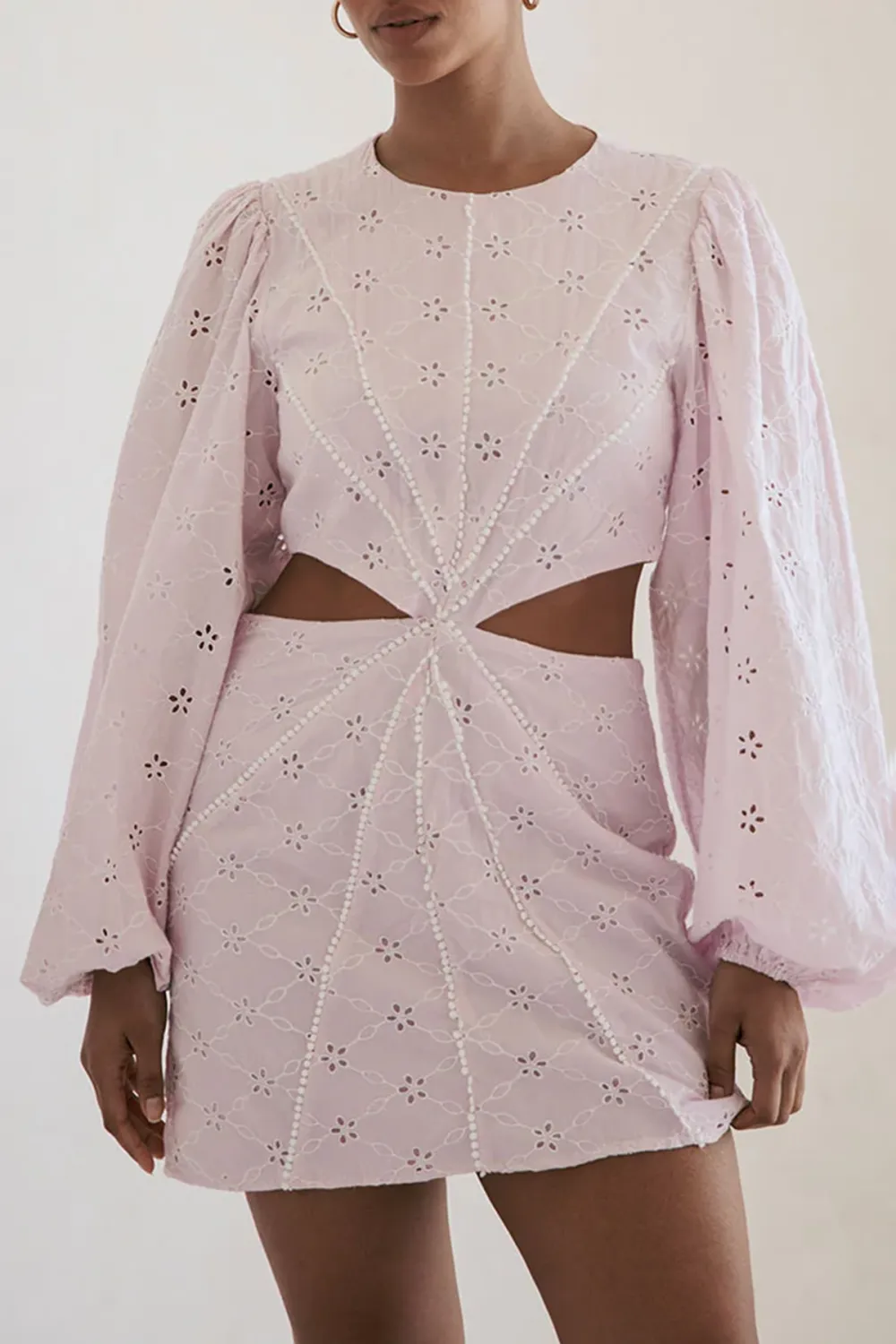 Puff Sleeve Eyelet Cut Out Mini Dress