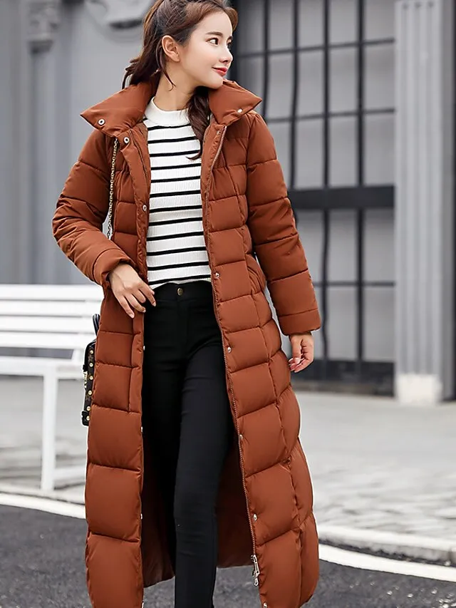 Women's Winter Jacket Puffer Jacket Hoodie Jacket Outdoor Street Daily Winter Fall Long Coat Regular Fit Windproof Warm Sports Streetwear Casual Jacket Long Sleeve Solid Color Rust Red caramel
