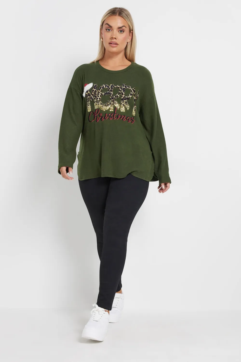 YOURS Curve Khaki Green 'Merry Christmas' Sequin Embellished Sweatshirt