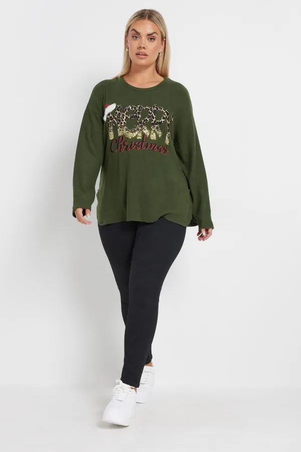 YOURS Curve Khaki Green 'Merry Christmas' Sequin Embellished Sweatshirt