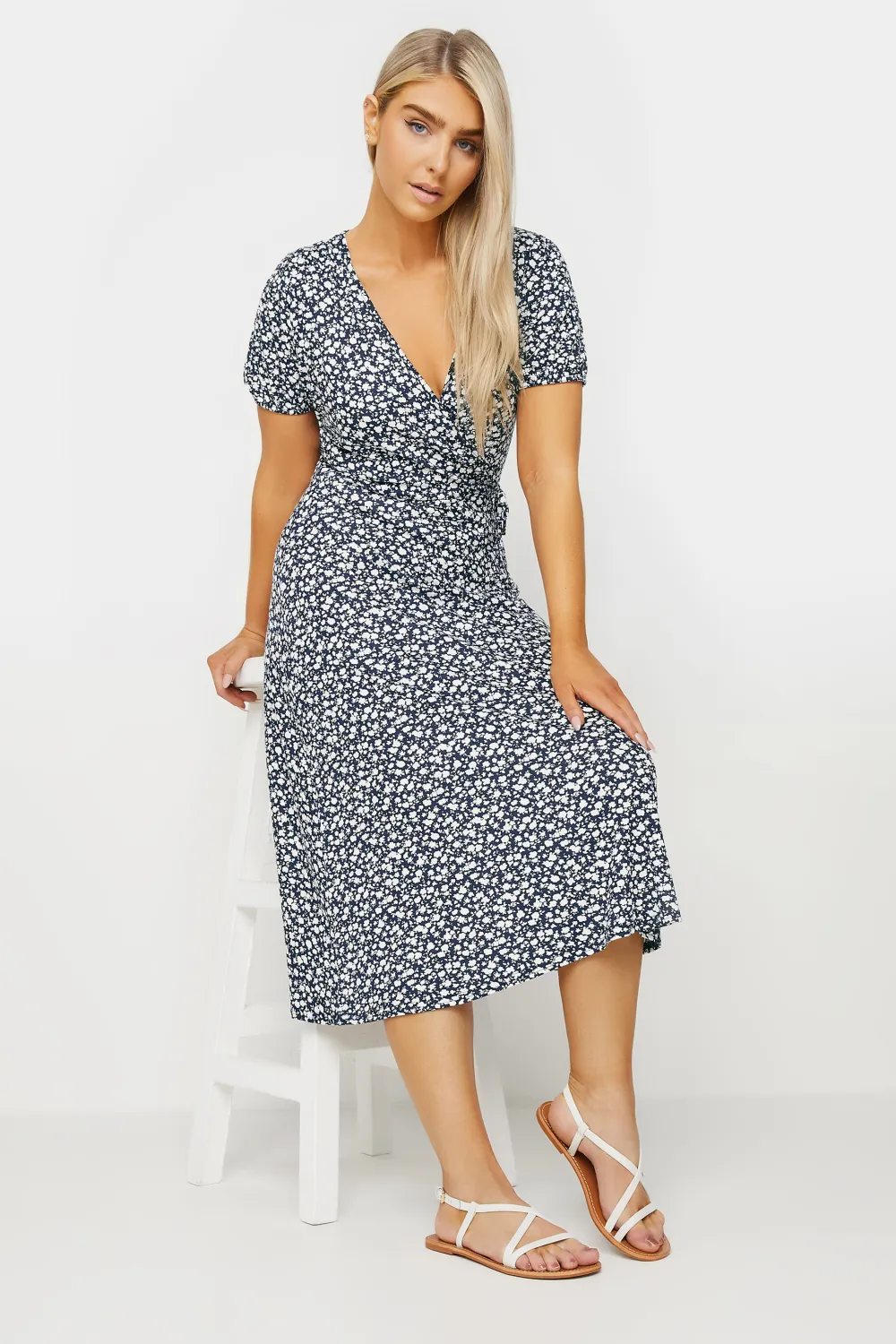 M&Co Navy Blue Ditsy Floral Print Midi Wrap Dress