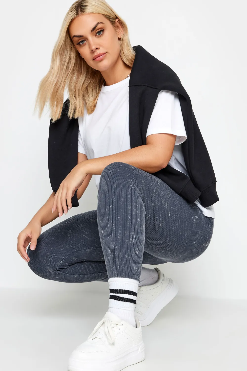 YOURS Curve Khaki Green Acid Wash Ribbed Leggings