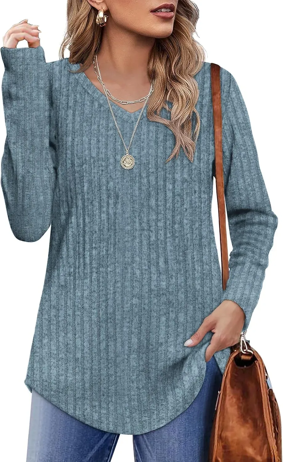 OFEEFAN Long Sleeve Shirts for Women Lightweight Crew Neck Casual Tunic Tops