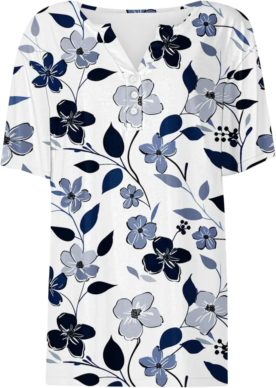 Shirts for Women Casual Printed Summer Tops Short-Sleeved Button V-Neck Tops Blouse Fashion Boho T-Shirts