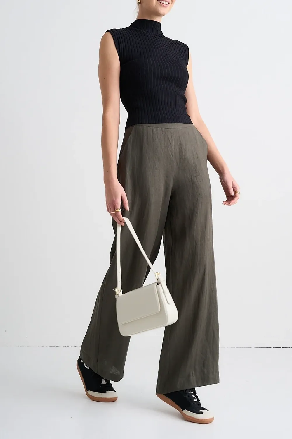 Dark Olive Linen Wide Leg Pant