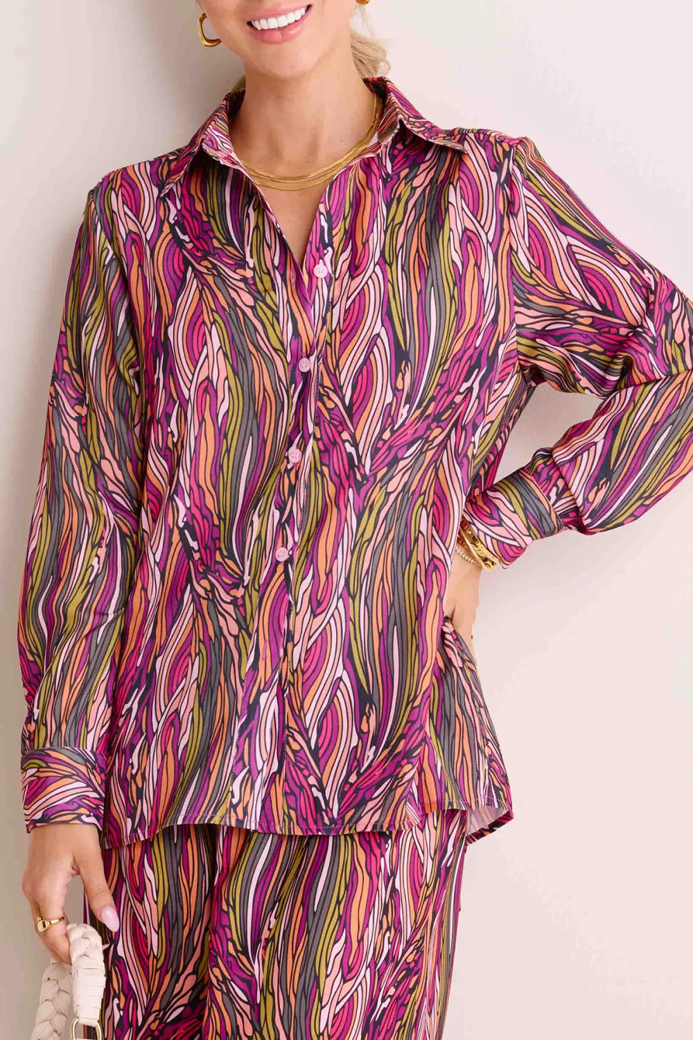 Multicolored Striped Print Collared Long Sleeve Blouse