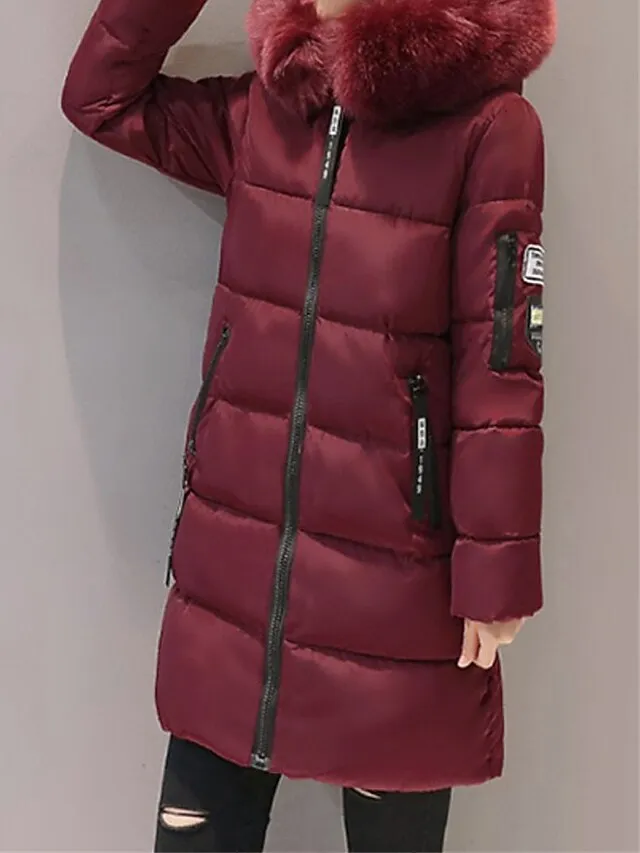 Women's Parka Long Puffer Jacket Thicken Winter Coat with Fur Collar Hood Fall Windproof Warm Overcoat with Pockets Stylish Contemporary Casual Jacket Long Sleeve Full Zip Black White Light Green