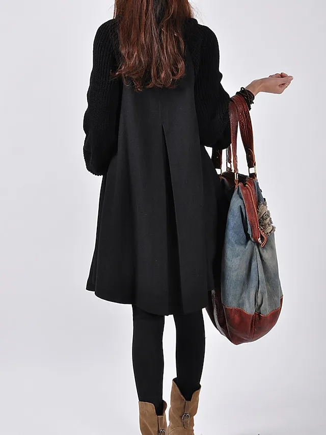 Women's Winter Coat Cloak / Capes Long Coat Winter Coat Single Breasted Thermal Warm Trench Coat Single Breasted Stand Collar Loose Fit Outerwear Long Sleeve Black