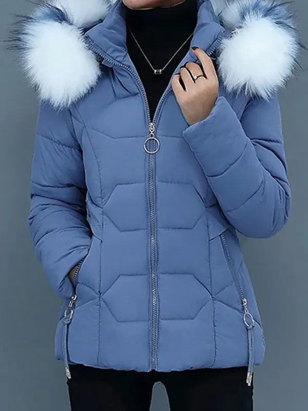 Women's Parka Cropped Puffer Jacket Winter Coat Zip up Hooded Coat with Removable Fur Collar Thermal Warm Heated Coat Fall Outerwear with Pockets Warm Classic Long Sleeve Blue