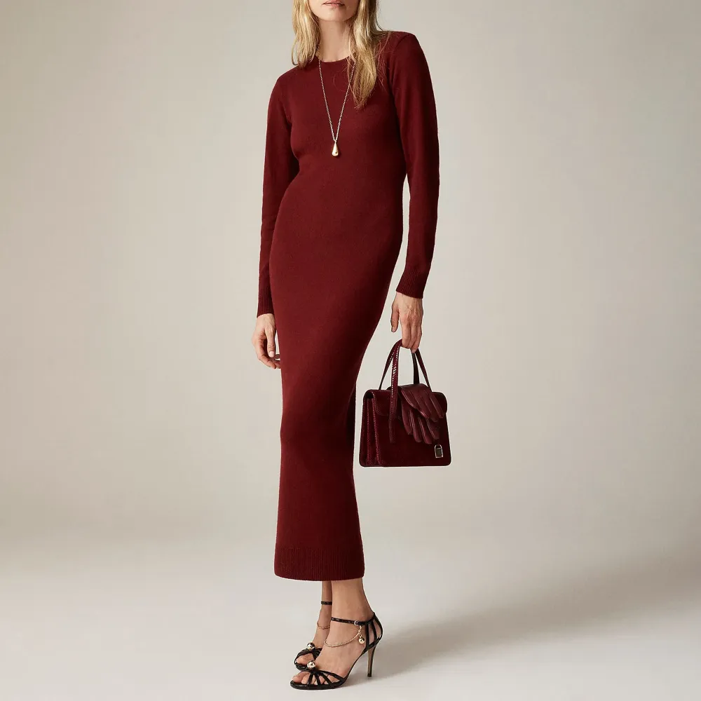 Crew Neck Long-Sleeve Vashmere Sweater-Dresses