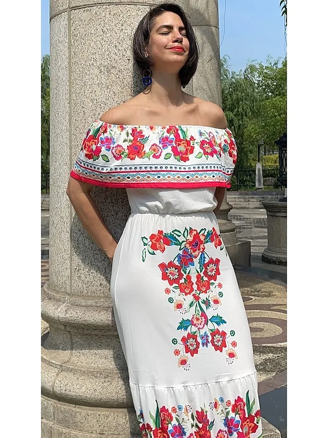 Women's Swing Dress Boho Dress Long Dress Maxi Dress Black White Yellow Short Sleeve Floral Cold Shoulder Summer Spring Off Shoulder Romantic Vacation Summer Dress Spring Dress Regular Fit 2023 S M L