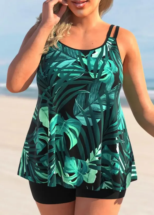 PLUS SIZE TROPICAL PRINT GREEN TANKINI SET