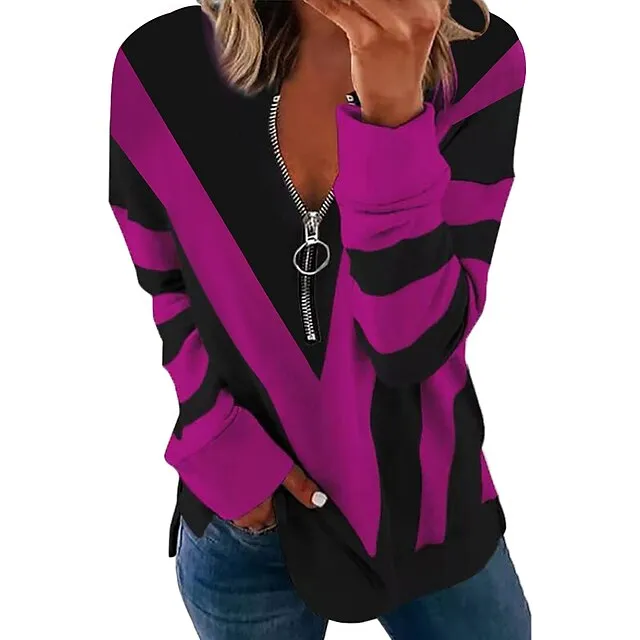 Women's Sweatshirt Pullover Color Block Abstract Streetwear Basic Zipper White Blue Purple Casual V Neck Long Sleeve Spring &  Fall Fall & Winter