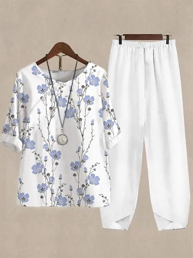 Women's Shirt Pants Sets Floral White Pink Blue Print Short Sleeve Casual Daily Daily Basic Crew Neck Regular Fit Fall & Winter