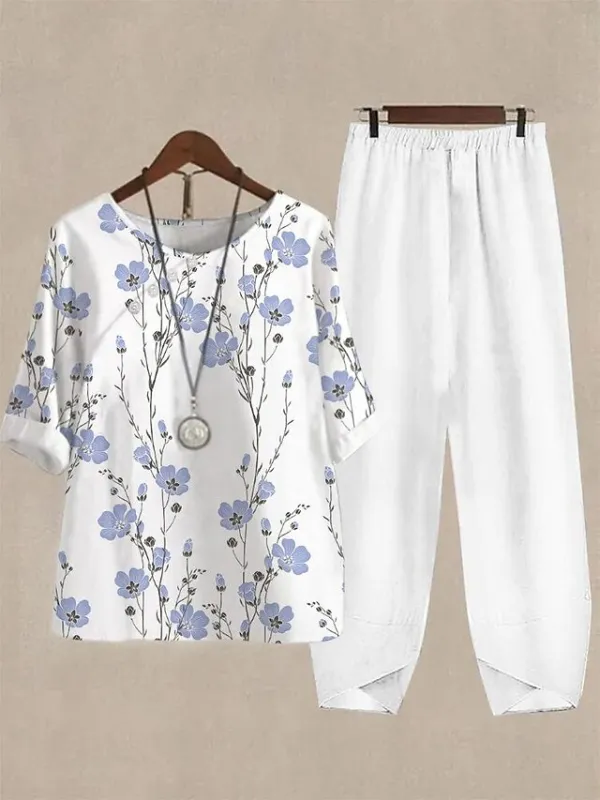 Women's Shirt Pants Sets Floral White Pink Blue Print Short Sleeve Casual Daily Daily Basic Crew Neck Regular Fit Fall & Winter