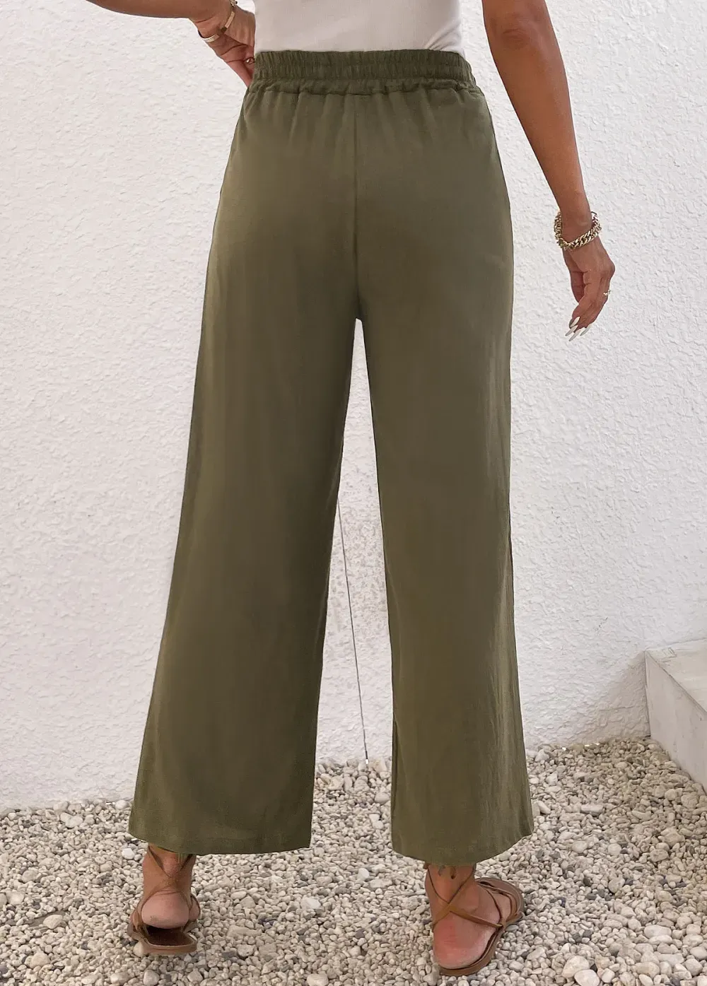 Olive Green Pocket Elastic Waist High Waisted Pants