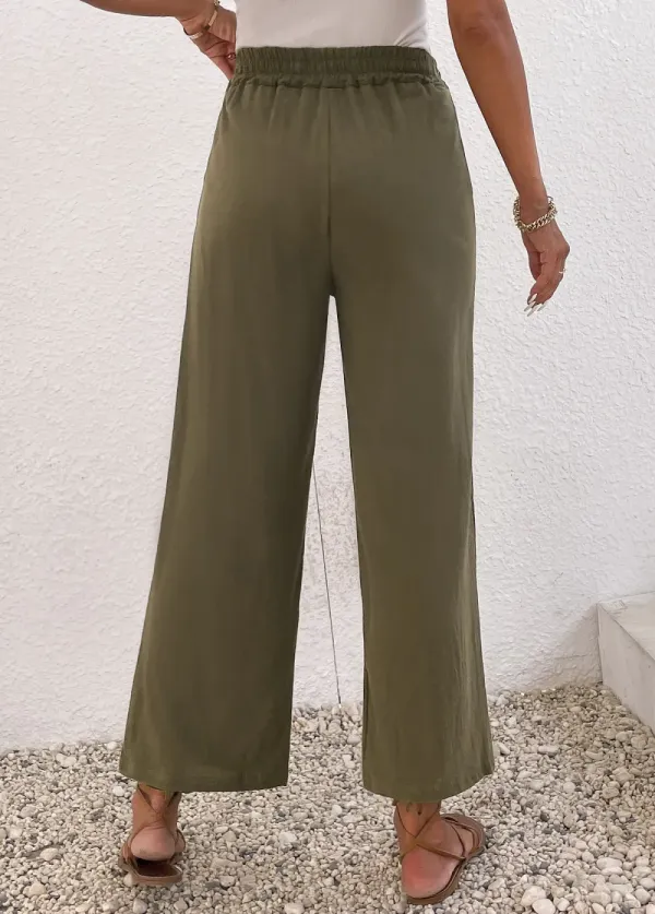 Olive Green Pocket Elastic Waist High Waisted Pants
