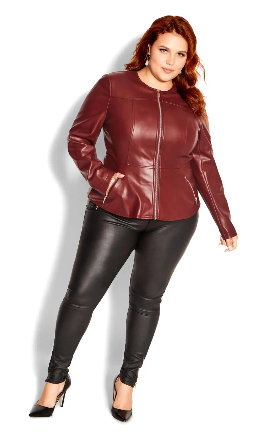 Evans Burgundy Red Faux Leather Fitted Jacket