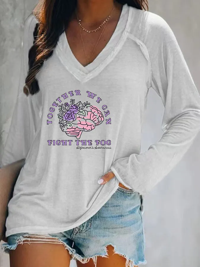 Women'S Together We Gan Fight The Fog Alzheimer'S Awareness V-Neck T-Shirt