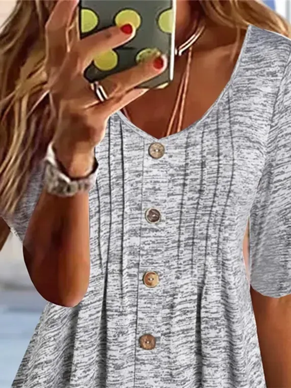 Women's Gray Half Sleeve V-neck Buttons Top