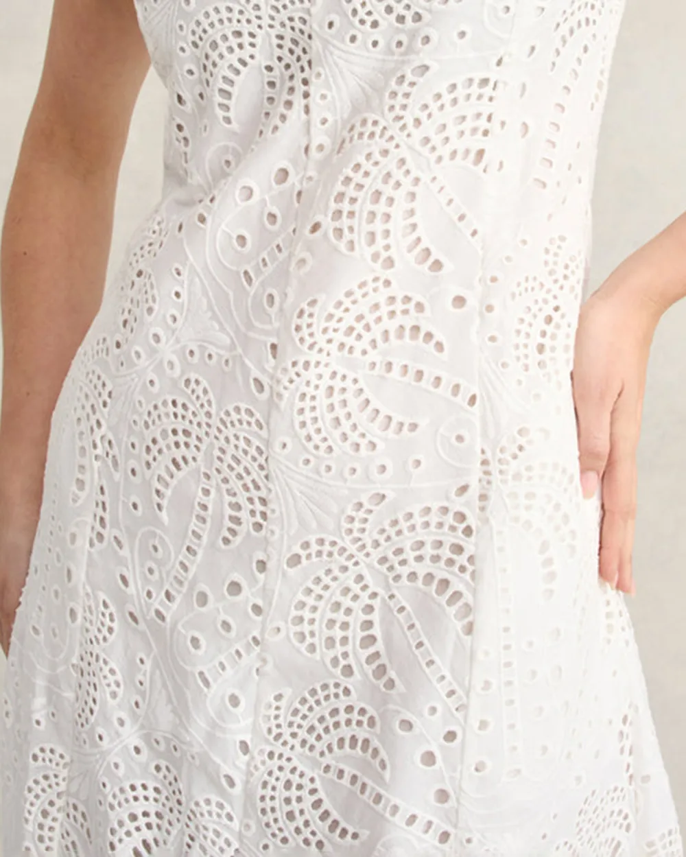 V Neck Short Sleeve Eyelet Midi Dress