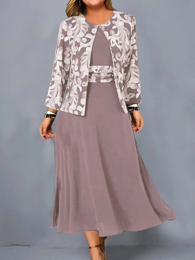 Women‘s Plus Size Curve Dress Set Print Crew Neck Long Sleeve Spring Fall Elegant Maxi long Dress Formal Party Dress