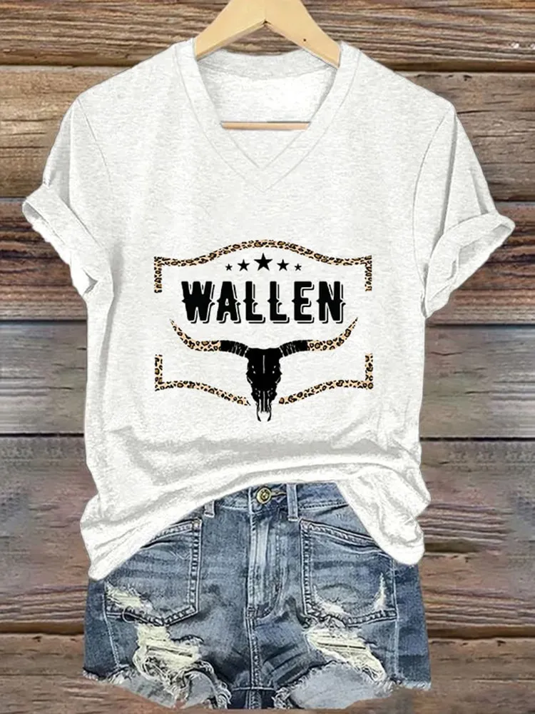 Wallwn Printed V-Neck Short-Sleeved T-Shirt
