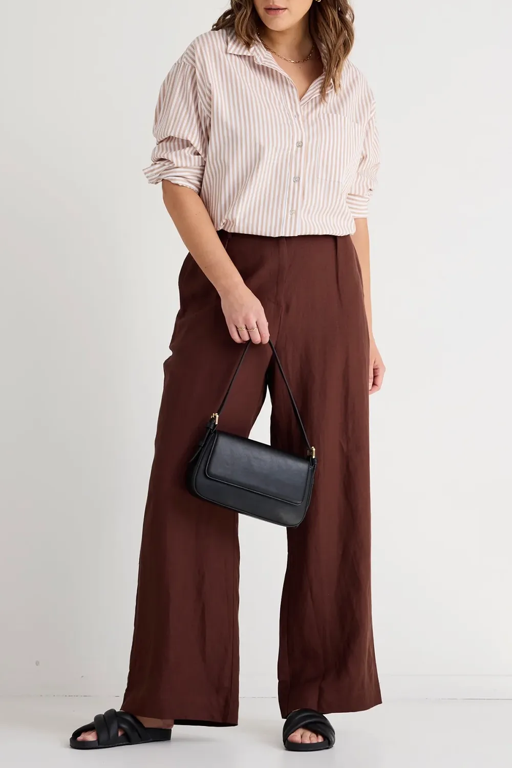 Brown Button - Front Wide - Leg Trousers
