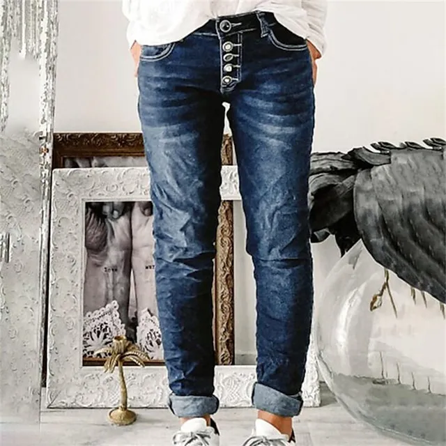 Women's Jeans Pants Trousers Ankle-Length Cotton Blend Pocket Micro-elastic High Waist Basic Classic Casual Streetwear Dark Blue S M Spring, Fall, Winter, Summer