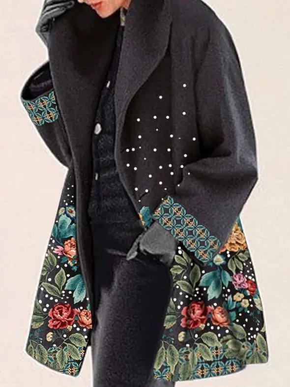 Round neck loose print hooded wool coat