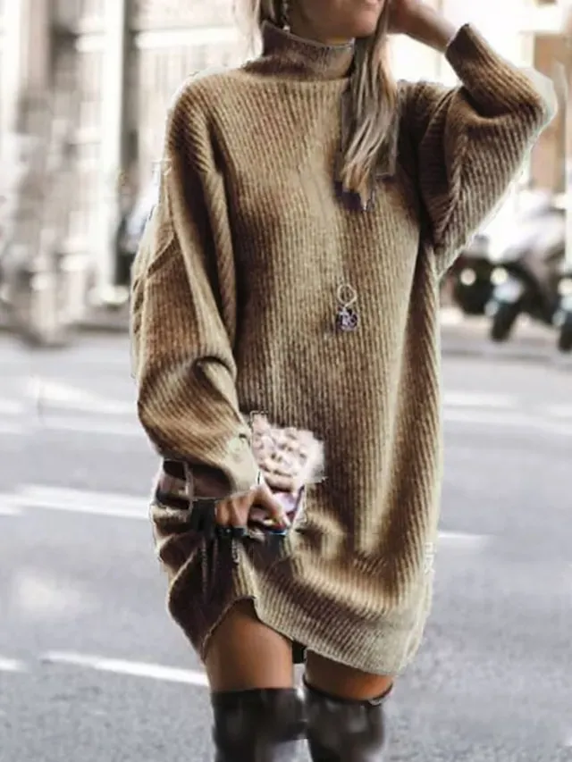 Women's Sweater Dress Knit Dress Jumper Dress Mini Dress Knitwear Warm Basic Pure Color Outdoor Winter Dress Birthday Date Turtleneck Long Sleeve Knit 2023 Loose Fit Yellow Wine Red S M L XL XXL 3XL