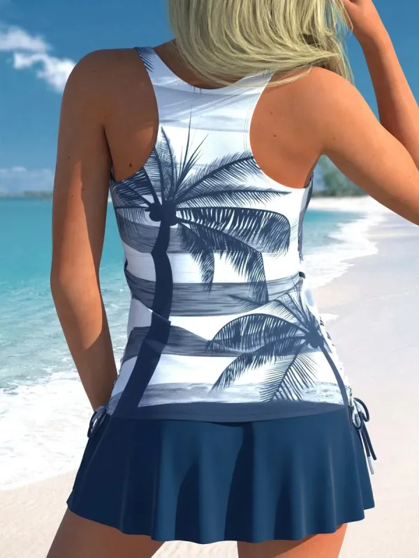 Women's Navy Beach Vibes Palm Coconut Tree Print Swimsuit Set