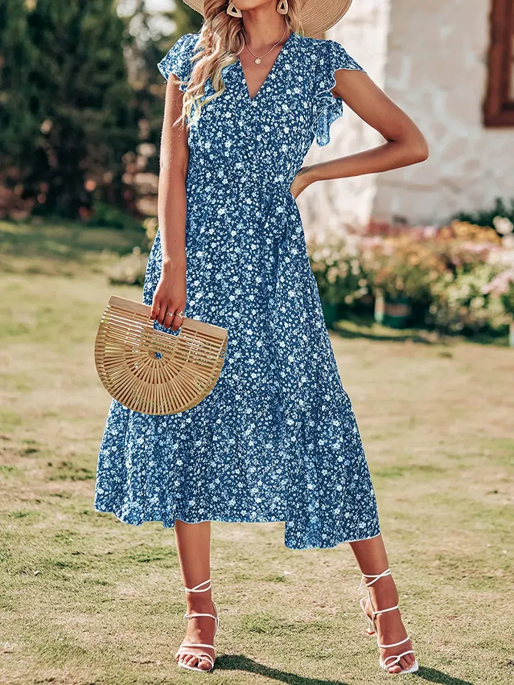 Women Summer Bohemian Floral Casual Wrap V Neck Ruffle Cap Sleeveless Belt A-Line Pleated Hem Swing Midi Sun Dress