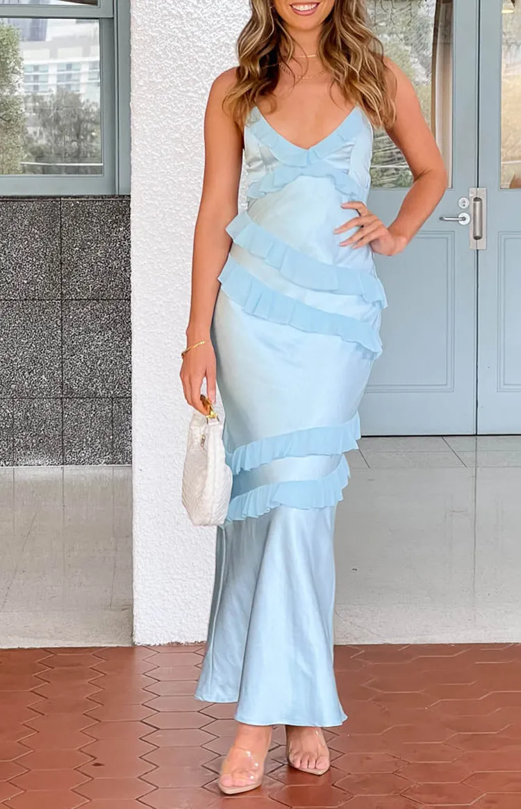 Light Blue Ruffled Spaghetti Strap Dress