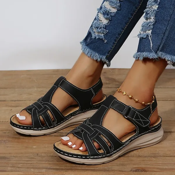 Women's Sandals Wedge Sandals Comfort Shoes Plus Size Outdoor Daily Beach Summer Flat Heel Open Toe Vintage Classic Casual Walking Shoes Faux Leather Magic Tape Solid Color Solid Colored Black Brown
