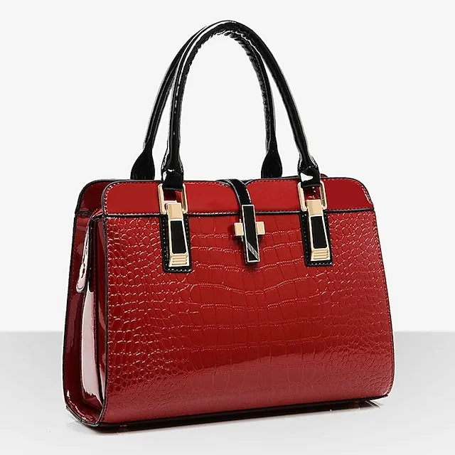 Women's Handbag Satchel Top Handle Bag Patent Leather PU Leather Office Office & Career Solid Color Crocodile Wine Black Blue