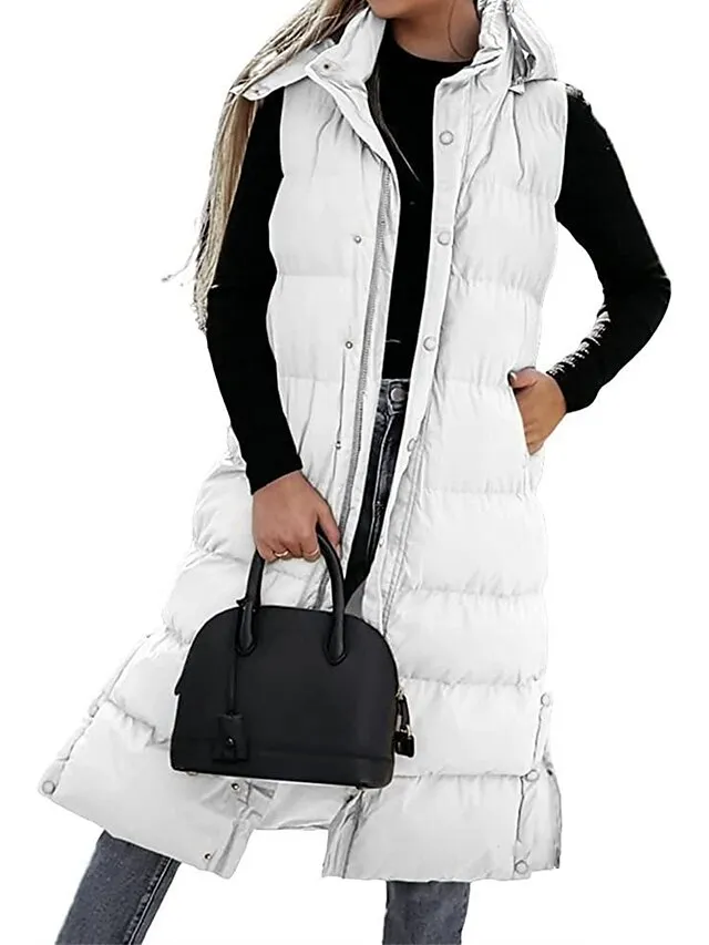 Women's Puffer Vest Long Winter Coat Sleeveless Hooded Jacket Thermal Warm Parka Windproof Gilet Zipper Outerwear Fall