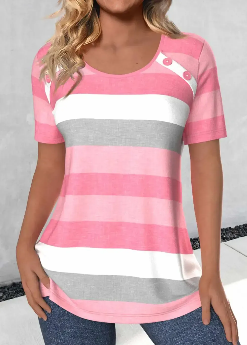 Light Pink Button Striped Short Sleeve T Shirt