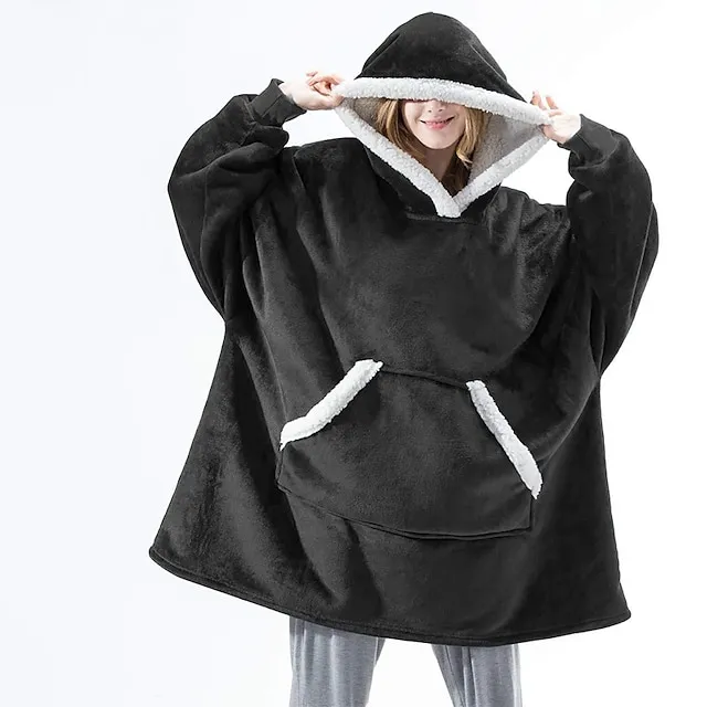 Women's Christmas Couple‘s Pajamas Nightgown Hoodie Blanket Wearable Blanket Grid / Plaid Pure Color Plush Simple Comfort Xmas Home Party Fleece Warm Gift Patchwork Pocket Fall Winter Black Gray