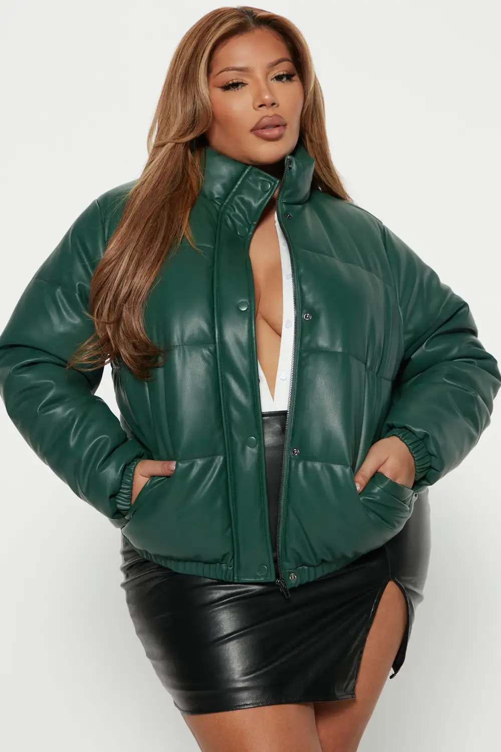 Upgrade You Faux Leather Puffer Jacket - Hunter